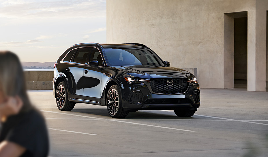 Black 2025 Mazda CX-70 in parking garage